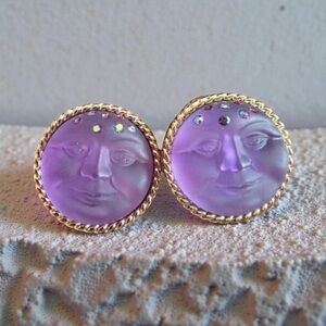 Kirk Folly Purple Moon Face
Earrings Gold Tone Rhinestone Celestial Fantasy Rare